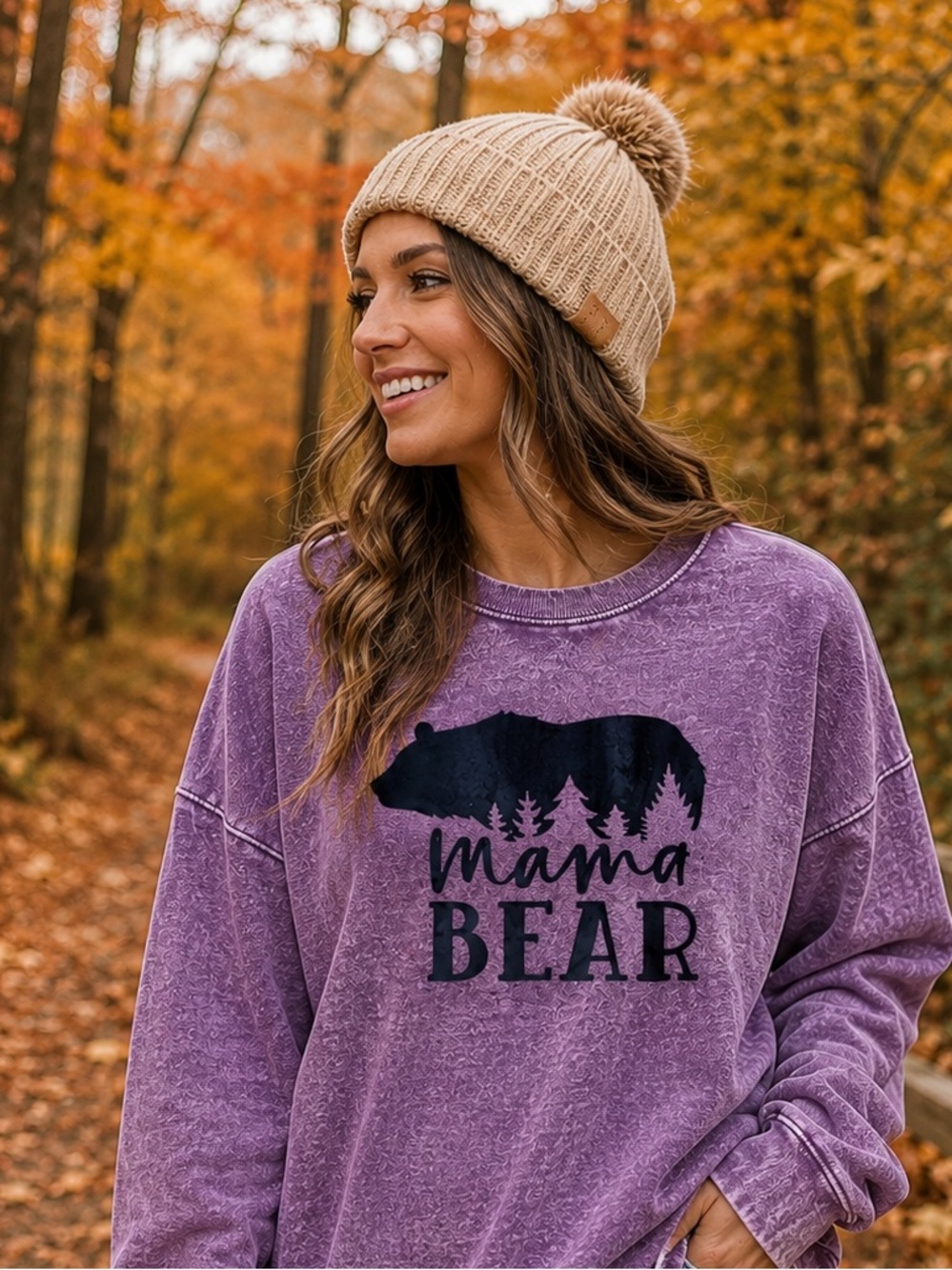 Mama Bear Acid Wash Pullover Sweatshirt Medium Purple Graphic Crewneck